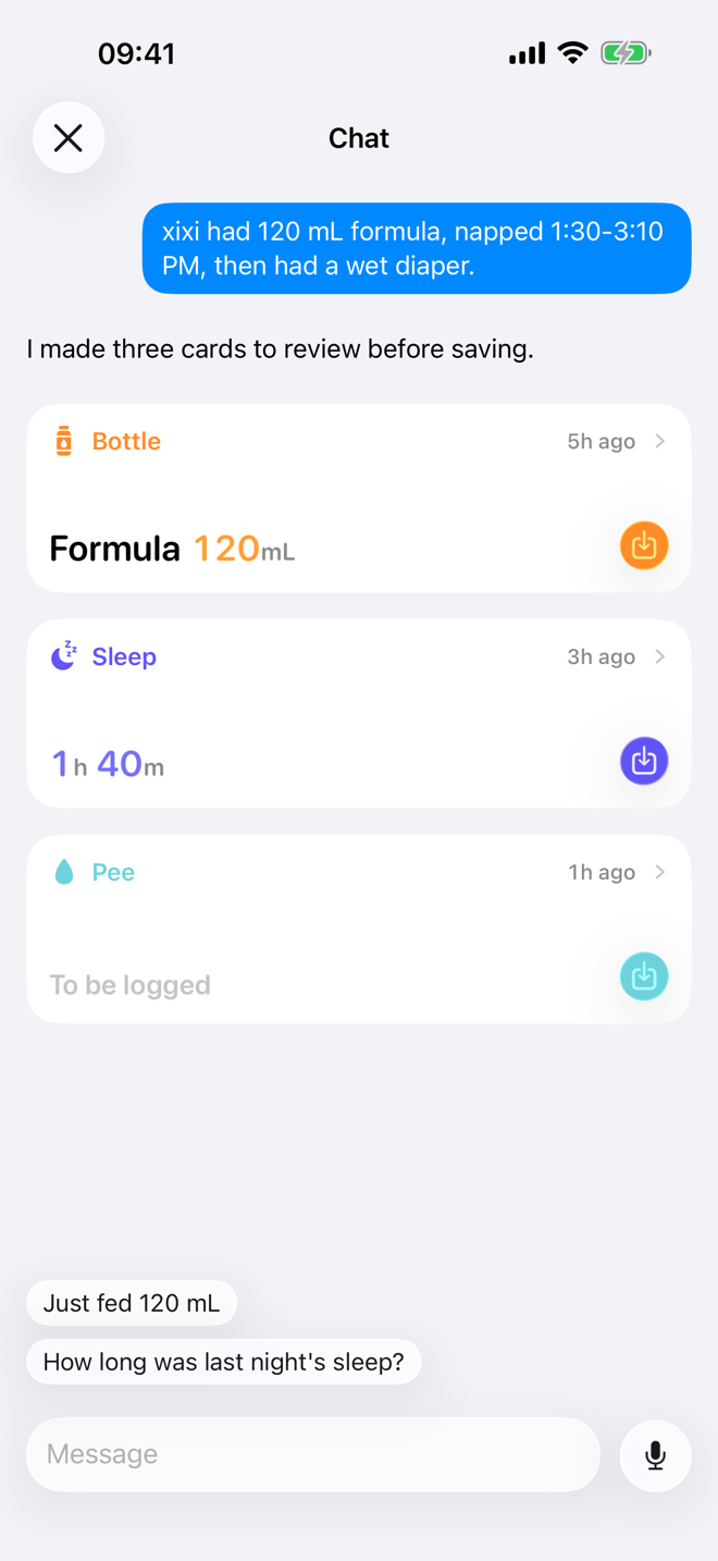 Chat screen showing a suggested record card in Bear Days.