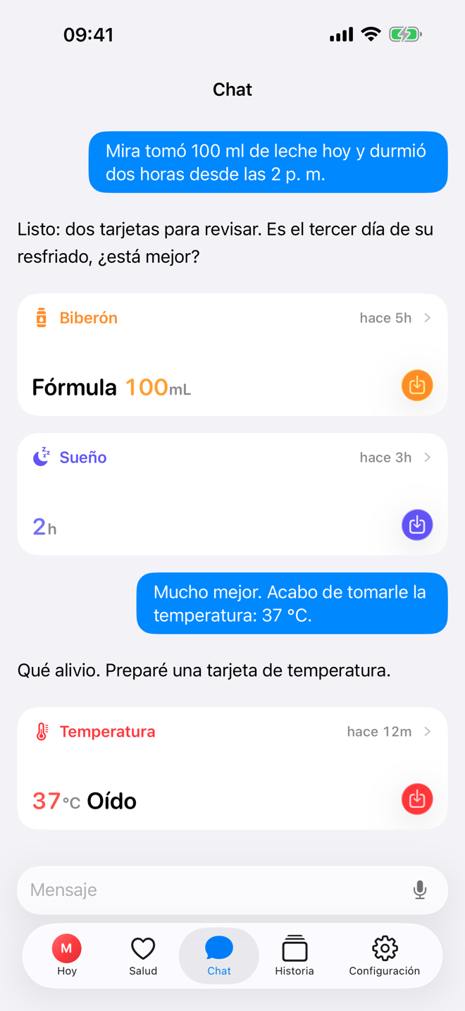 Pantalla Chat con una tarjeta de registro sugerida en Bear Days.
