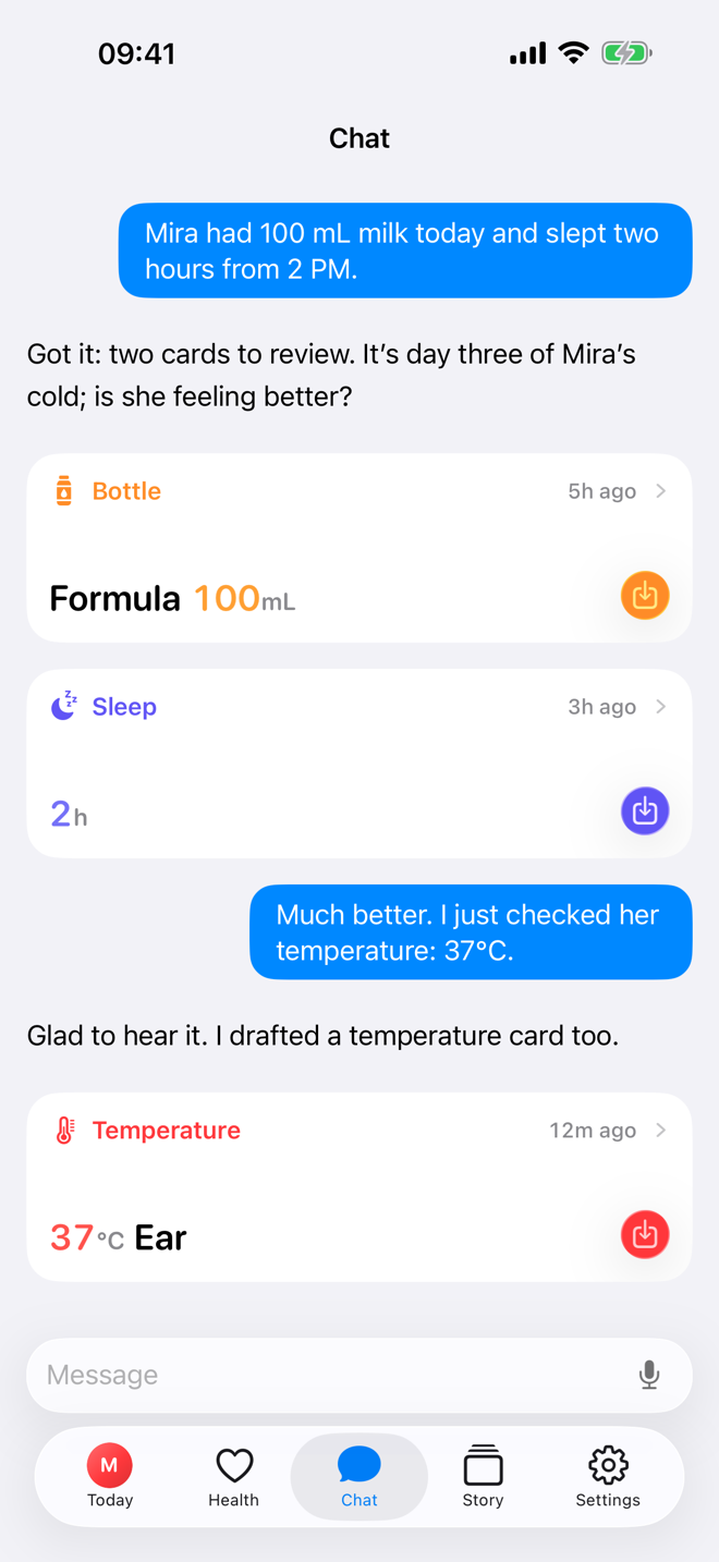 Chat screen showing a suggested record card in Bear Days.