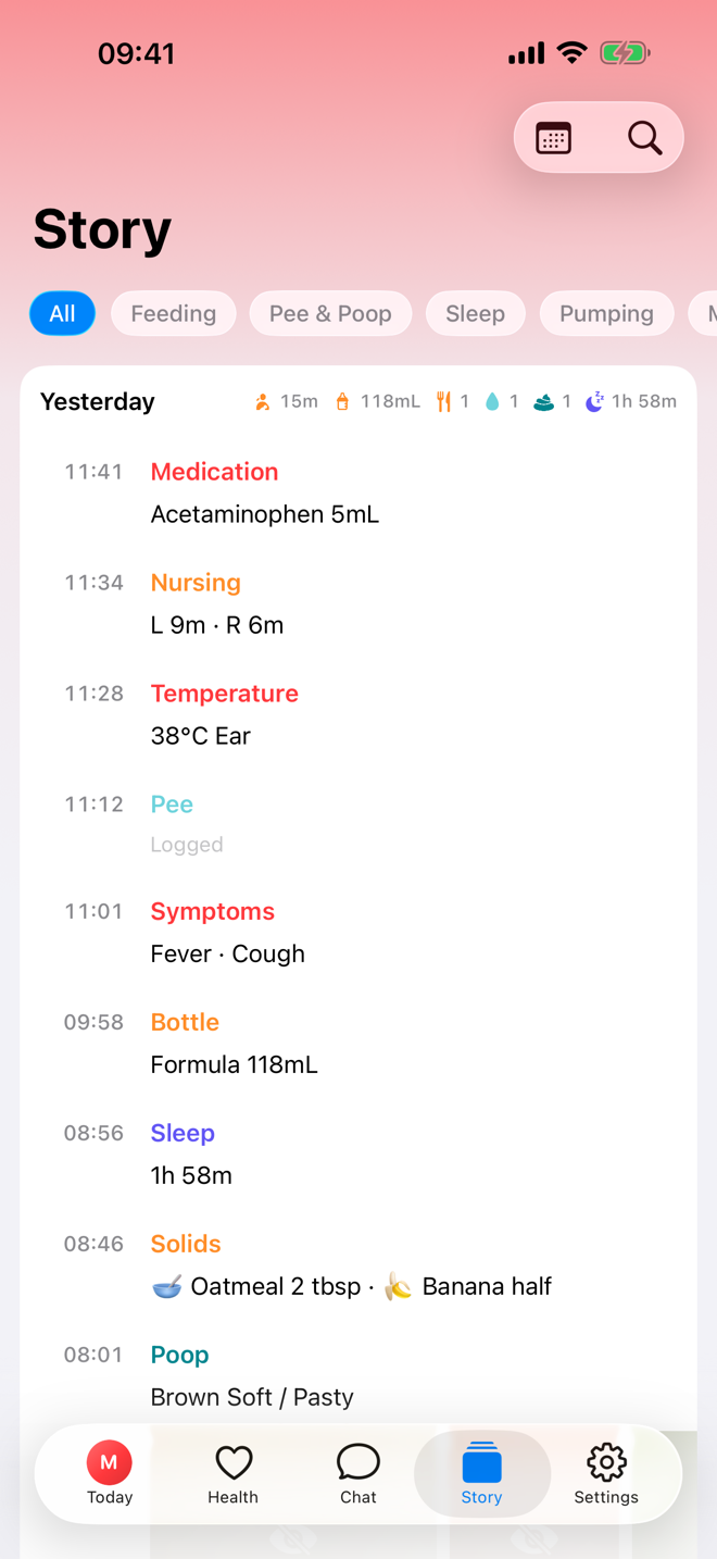 Story screen showing a chronological care timeline.