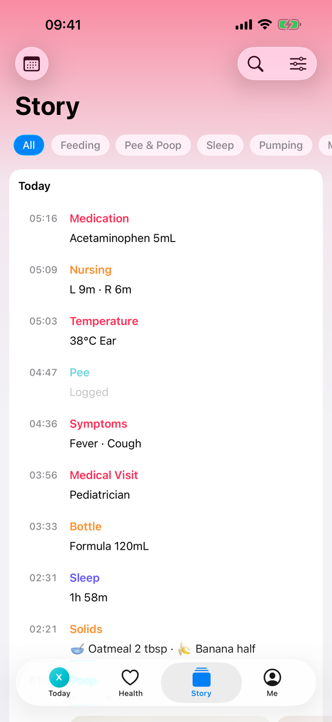 Story screen showing a chronological care timeline.