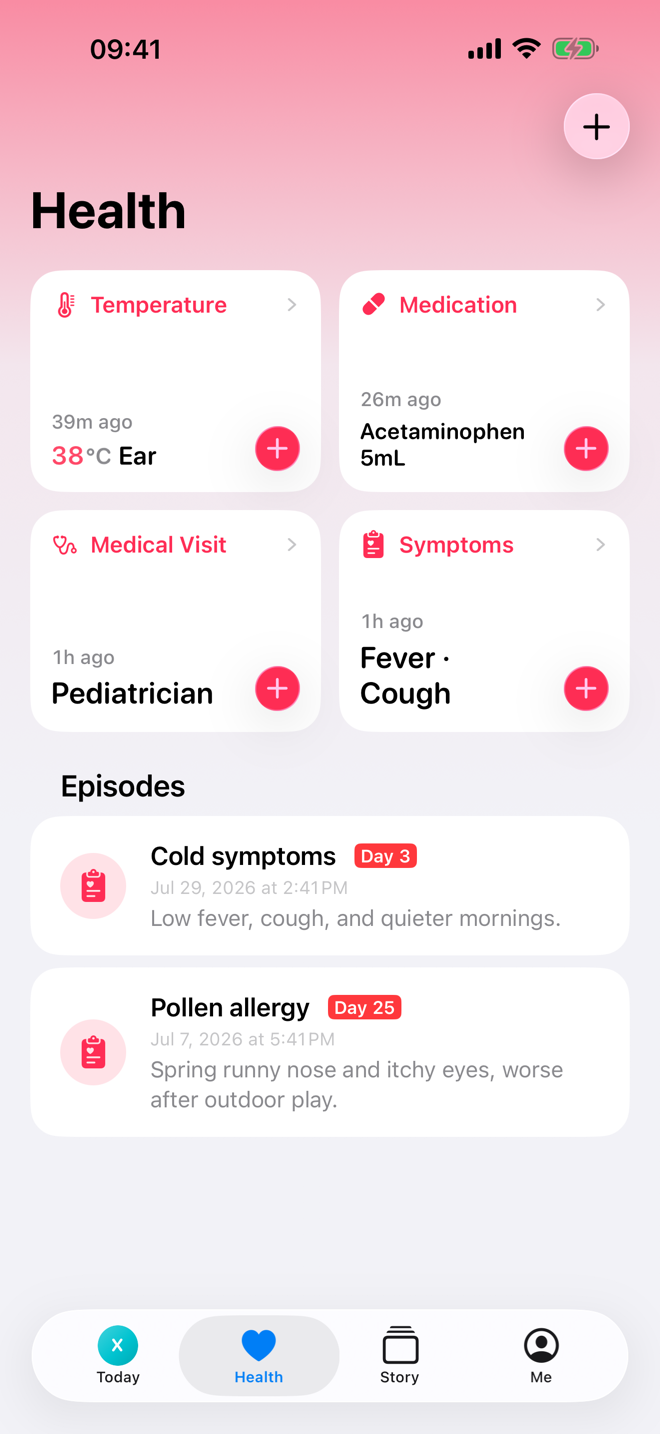 Health screen showing quick logs and an active illness episode.