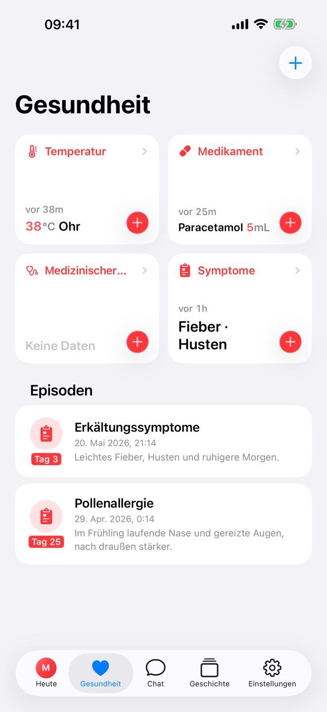 Gesundheit-Bildschirm mit Schnellprotokollen und aktivem Krankheitsverlauf.