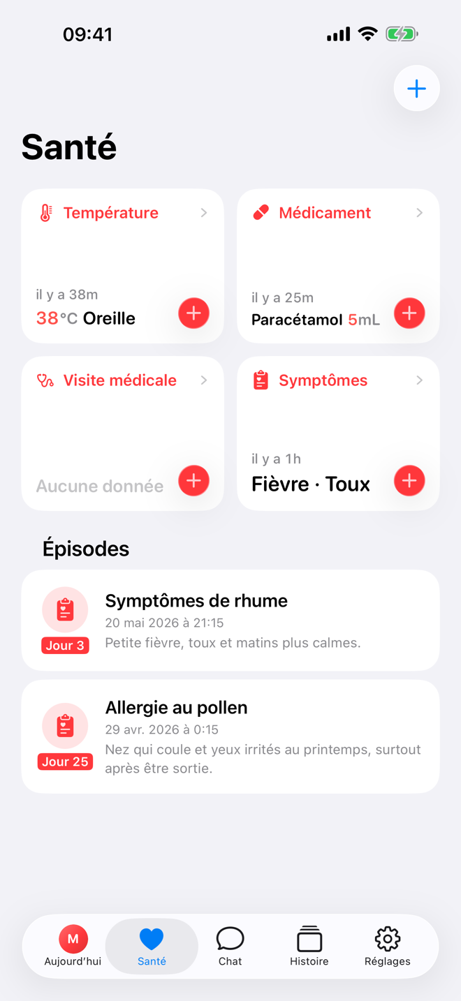 Écran Santé montrant des saisies rapides et un épisode de maladie actif.