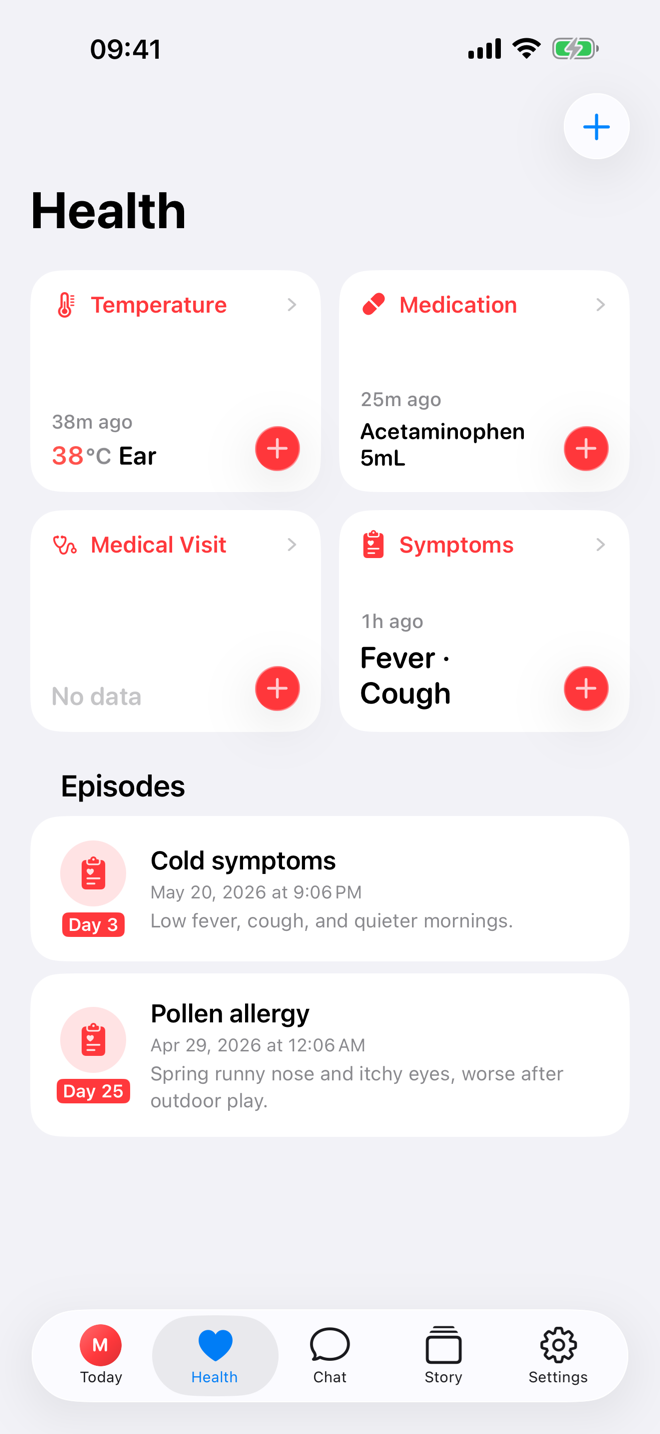Health screen showing quick logs and an active illness episode.