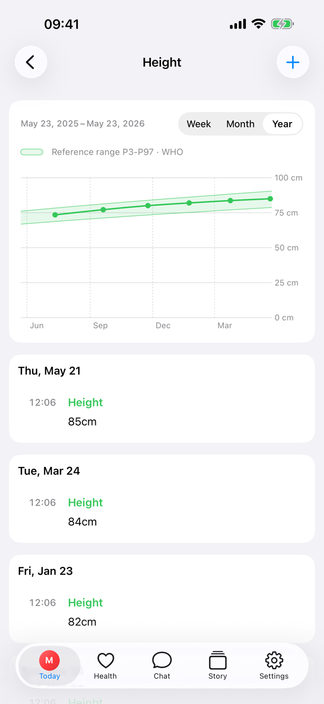 Height screen showing a growth chart with reference ranges.