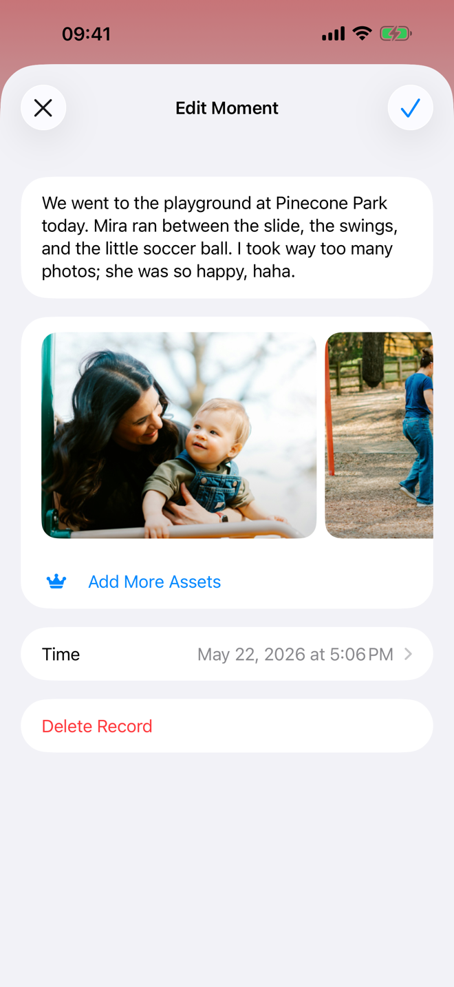 Moment record showing photos and a note.